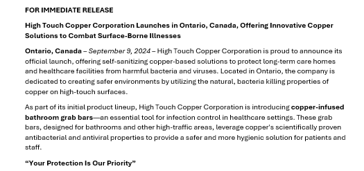 PRESS RELEASE - High Touch Copper Corporation Official Launches